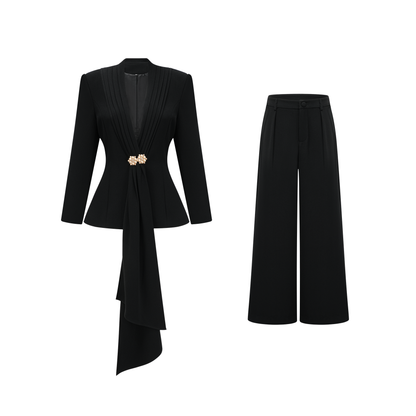 Suzanne black pleated jacket & trousers matching set