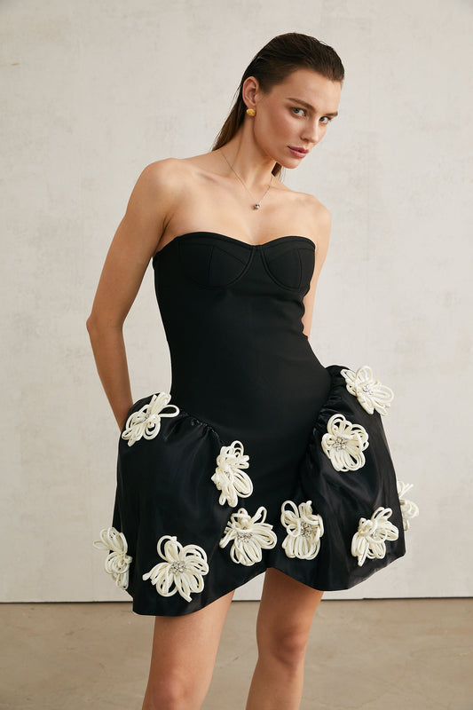 Léonor black floral-appliqué peplum mini dress