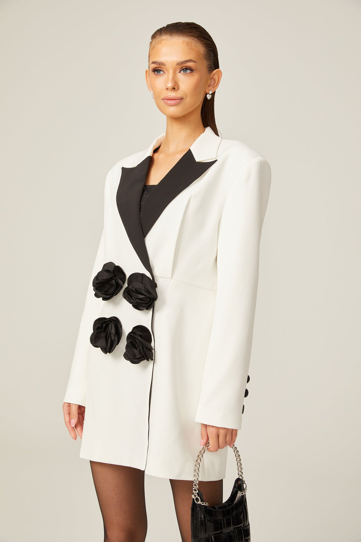 Axelle faux-flower contrast-color blazer dress