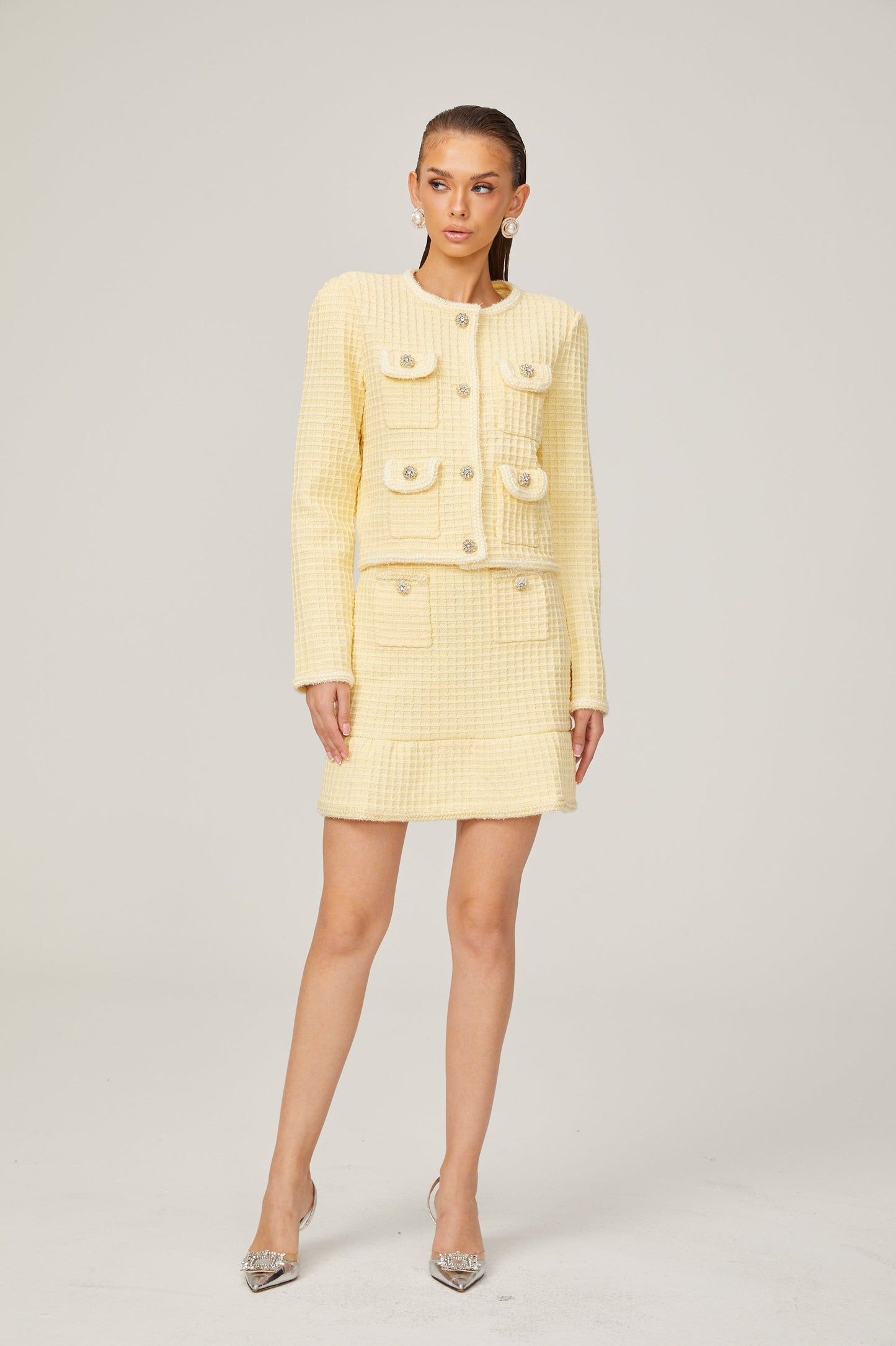 Fabienne yellow waffle-knit jacket & skirt matching set