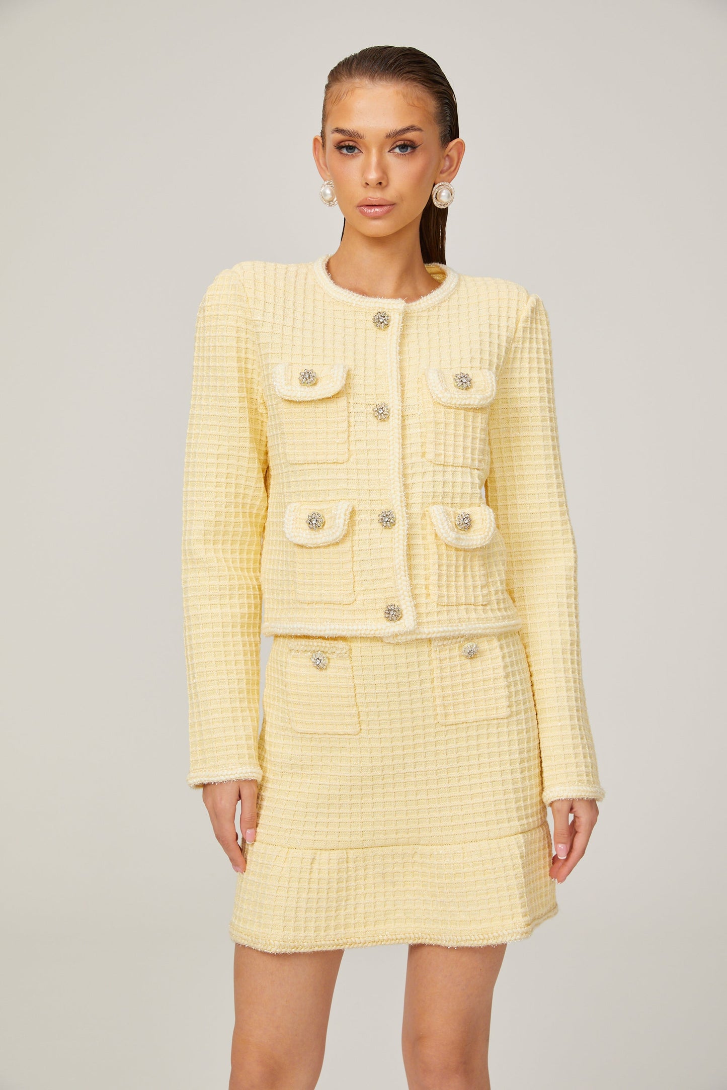 Fabienne yellow waffle-knit jacket & skirt matching set