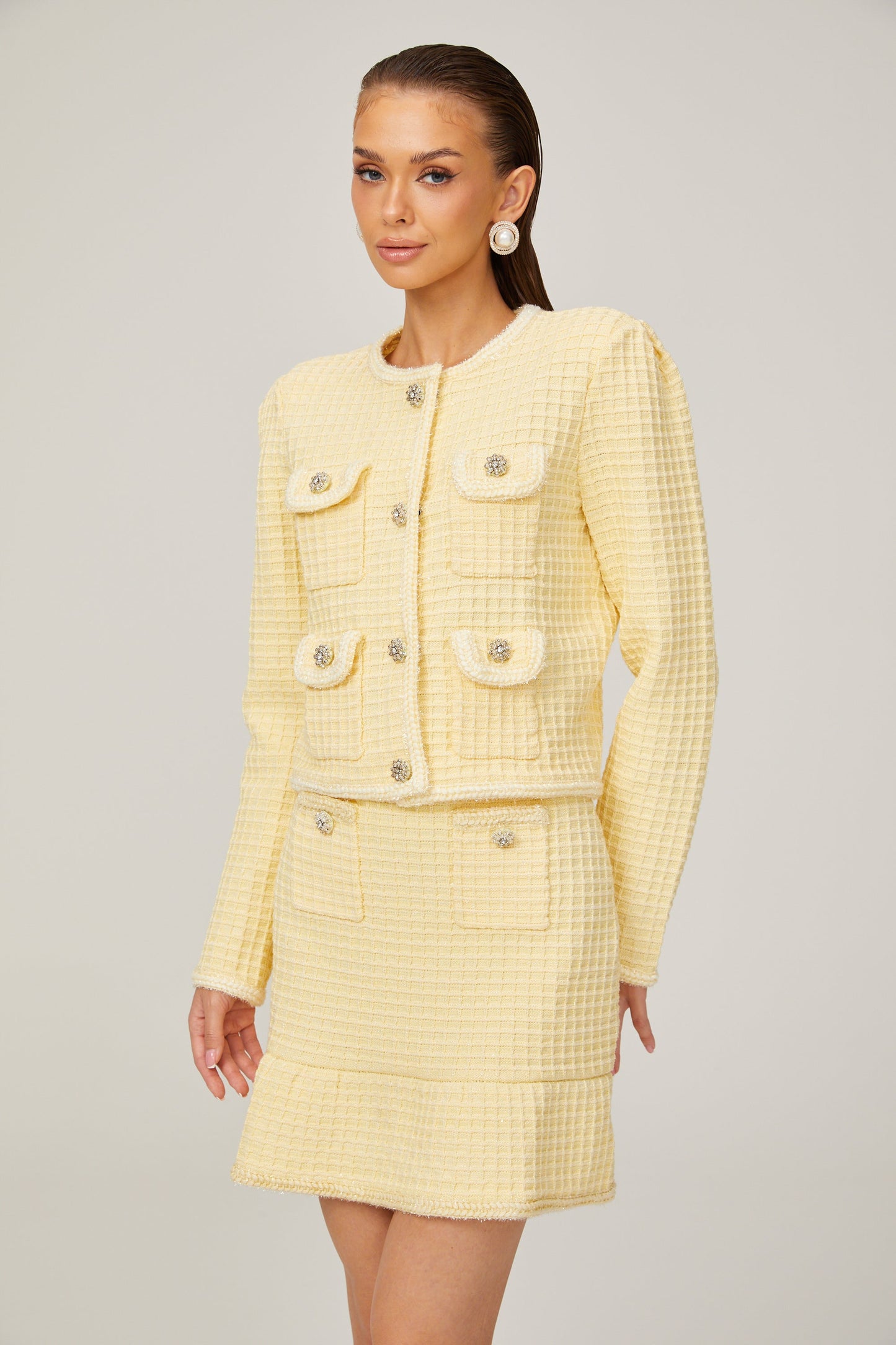 Fabienne yellow waffle-knit jacket & skirt matching set