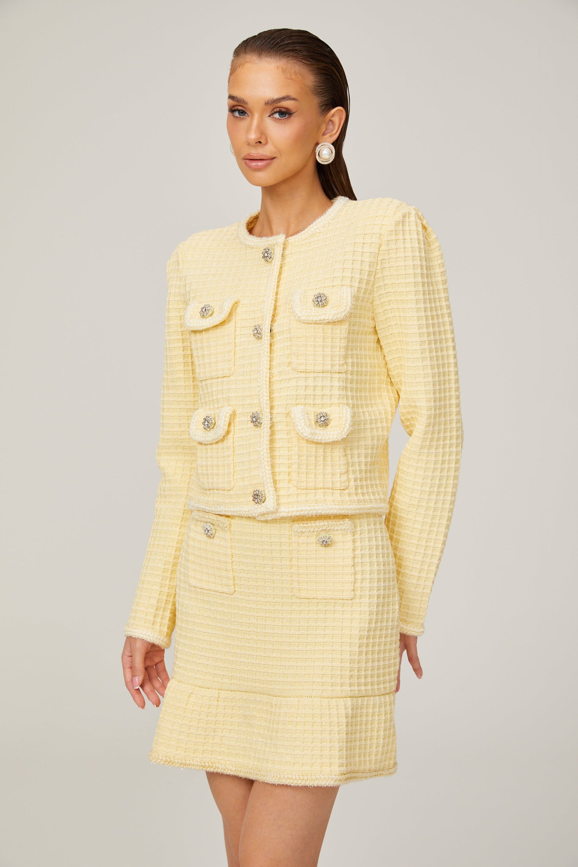 Fabienne yellow waffle-knit jacket & skirt matching set