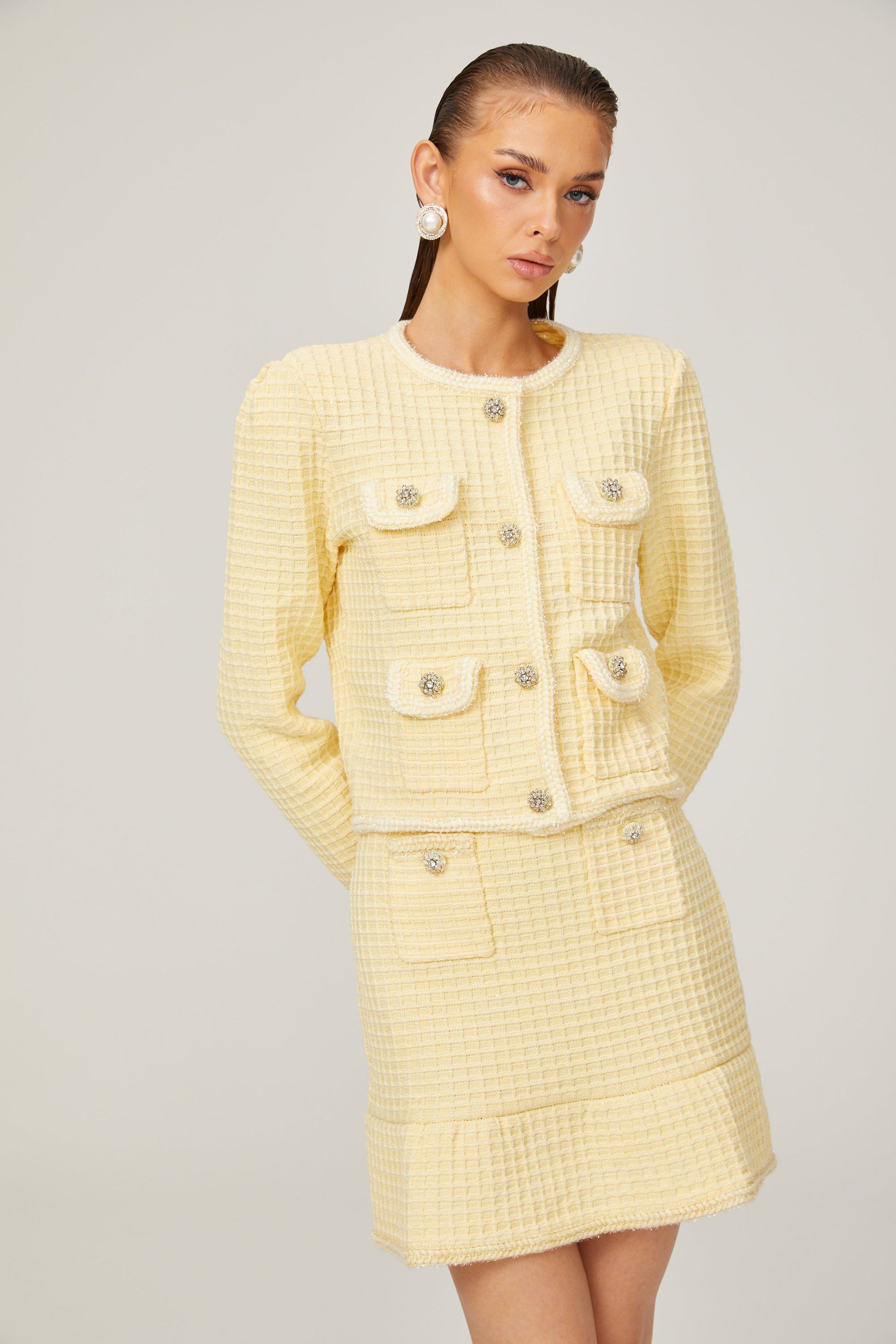 Fabienne yellow waffle-knit jacket & skirt matching set