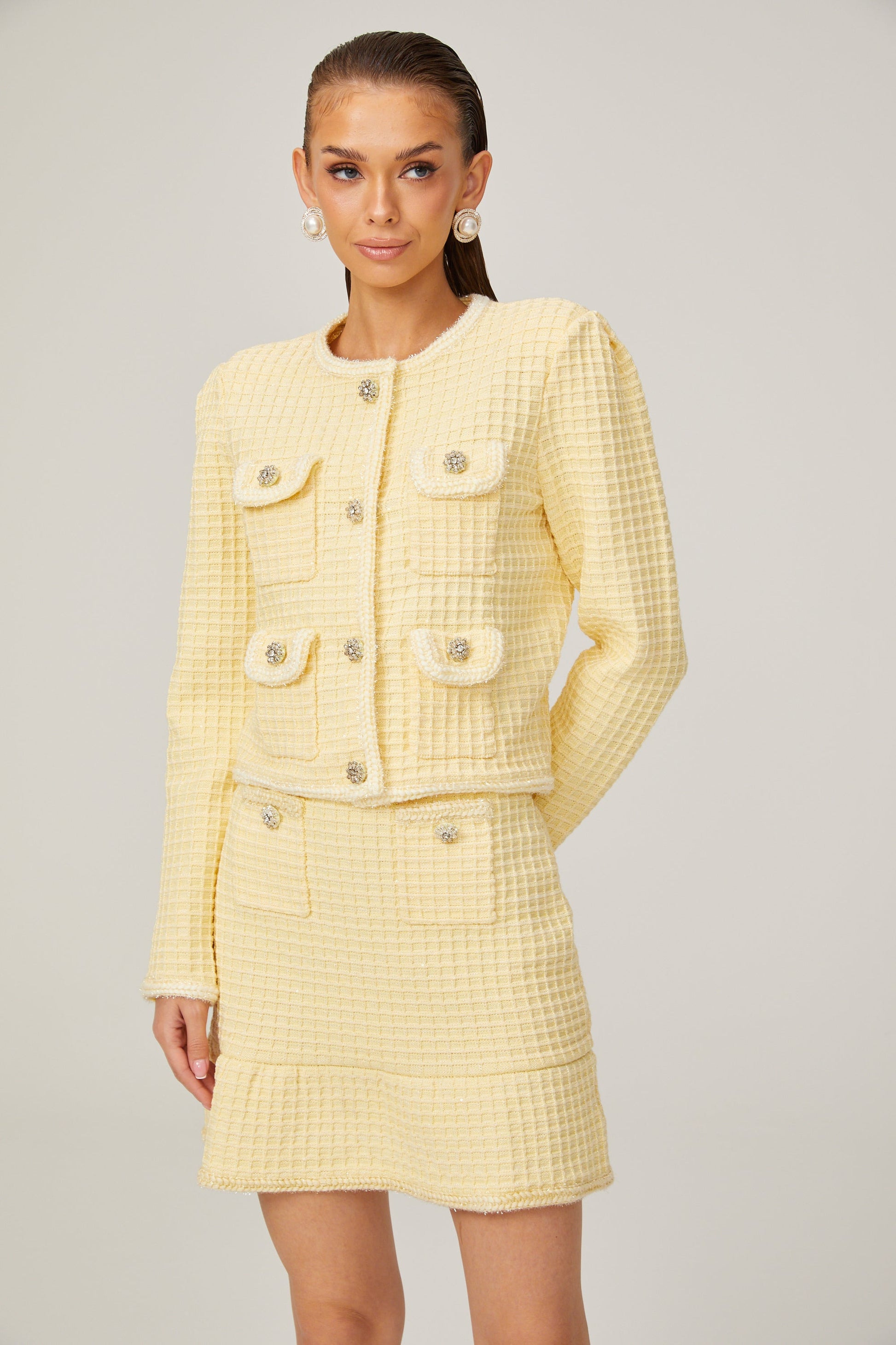 Fabienne yellow waffle-knit jacket & skirt matching set