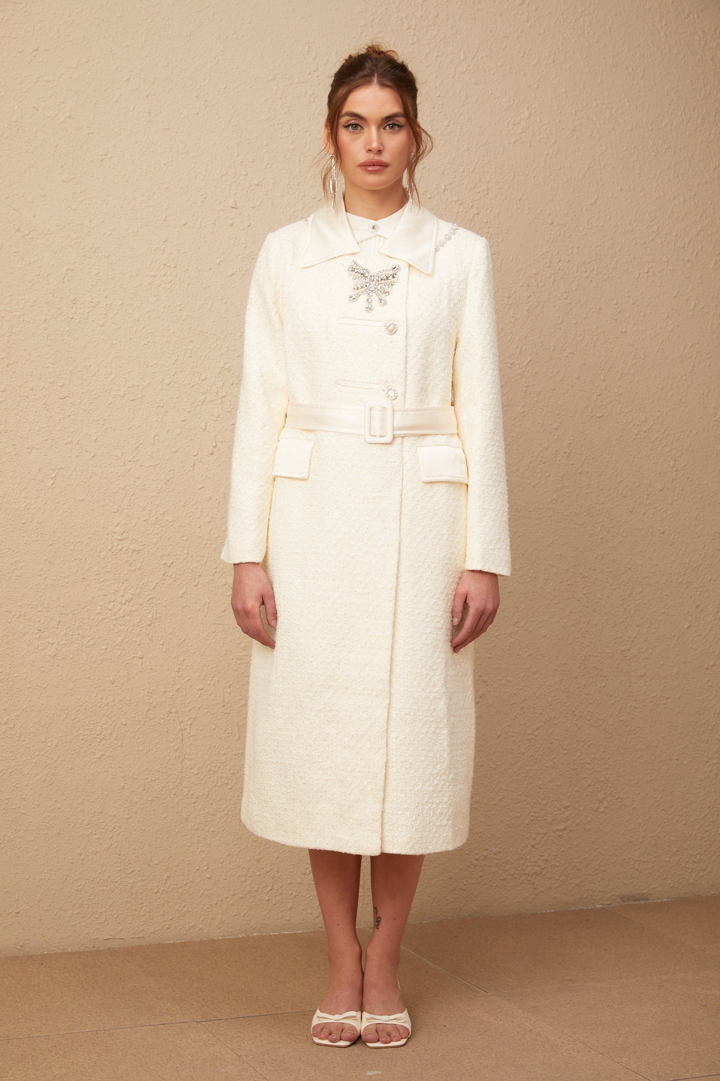 Flaminia white embellished belted tweed long coat