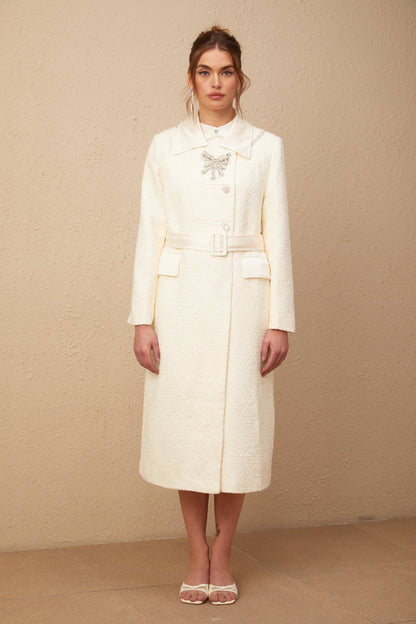 Flaminia white embellished belted tweed long coat