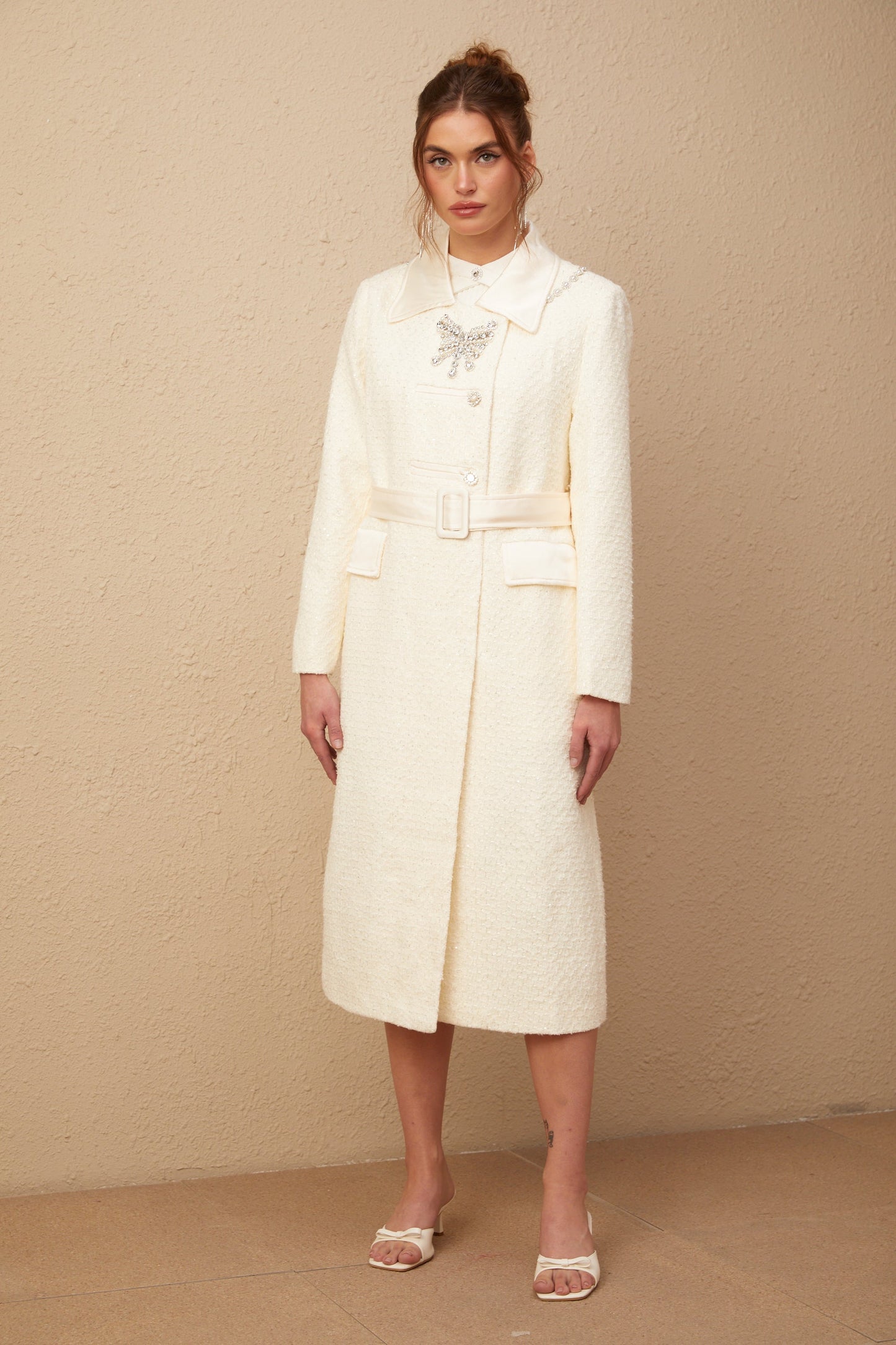 Flaminia white embellished belted tweed long coat