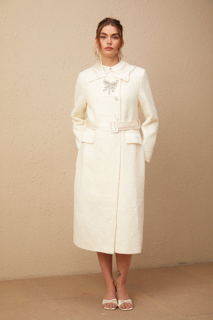 Flaminia white embellished belted tweed long coat