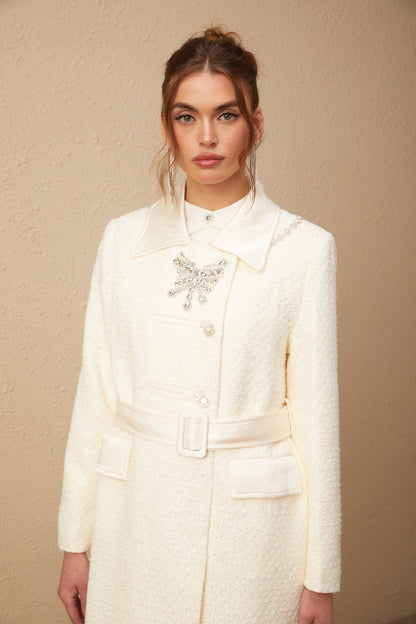 Flaminia white embellished belted tweed long coat