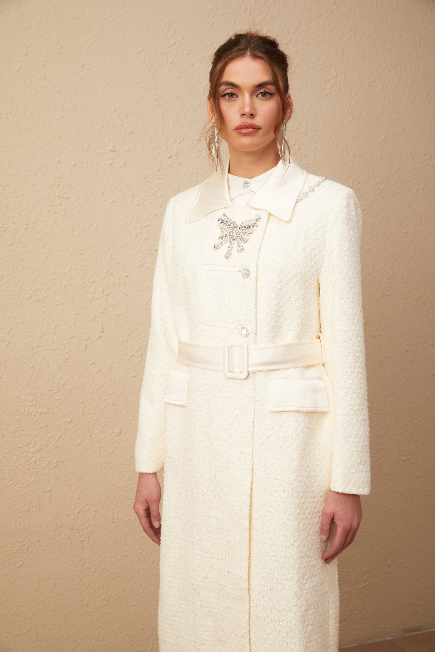 Flaminia white embellished belted tweed long coat