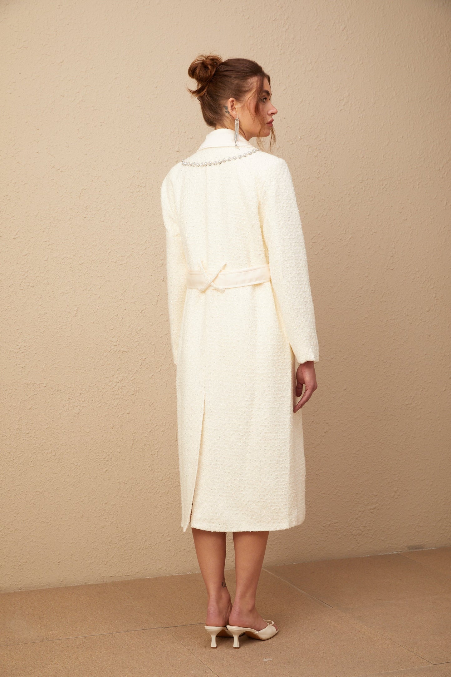 Flaminia white embellished belted tweed long coat