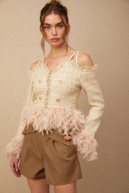 Laetiecia off-shoulder feather-trim tweed top