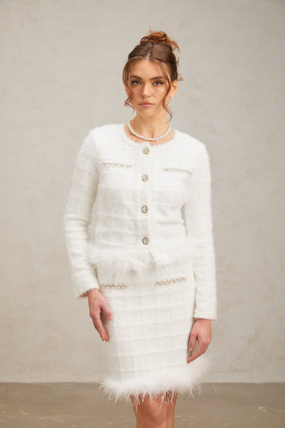 Cora white feather waffle knit cardigan & skirt matching set