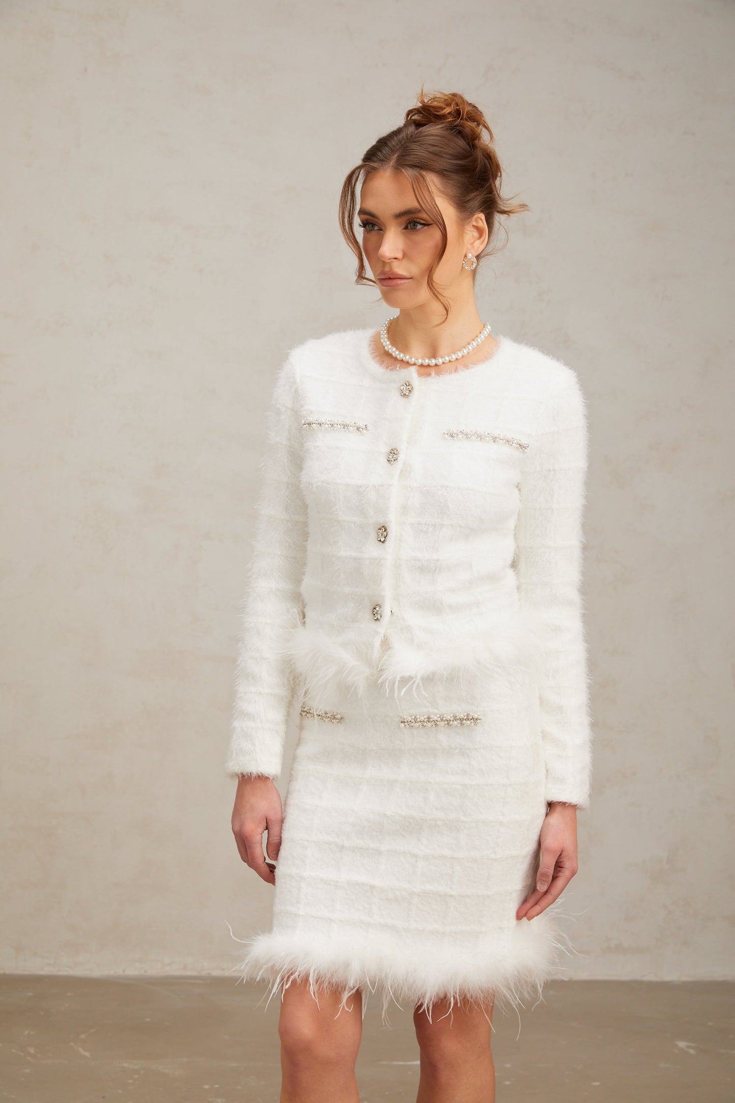 Cora white feather waffle knit cardigan & skirt matching set