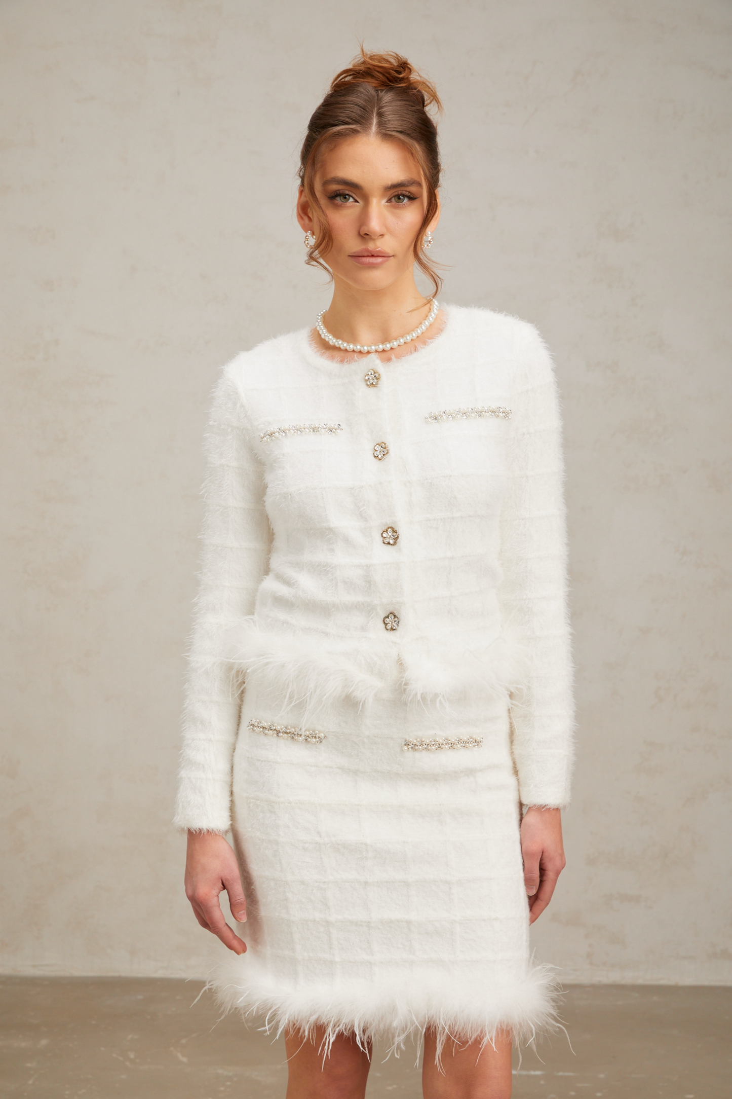 Cora white feather waffle knit cardigan & skirt matching set