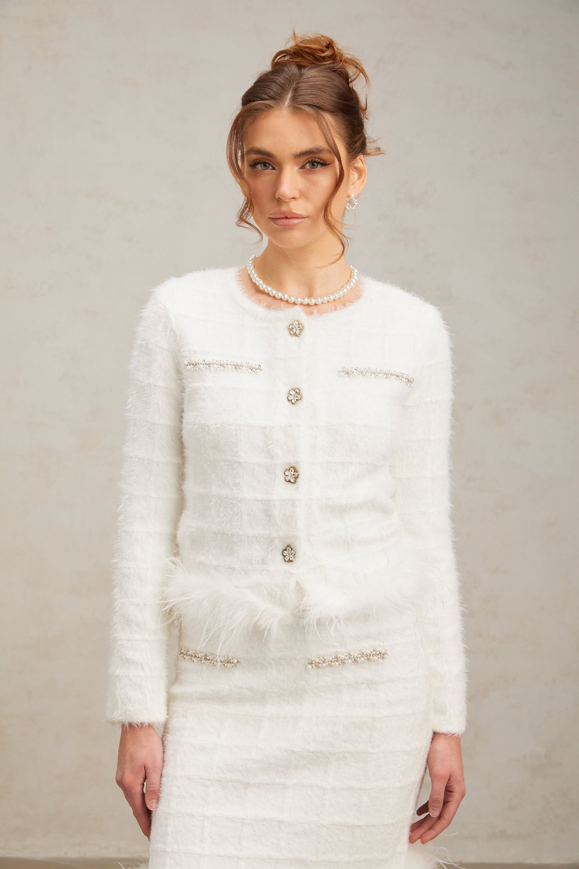 Cora white feather waffle knit cardigan & skirt matching set