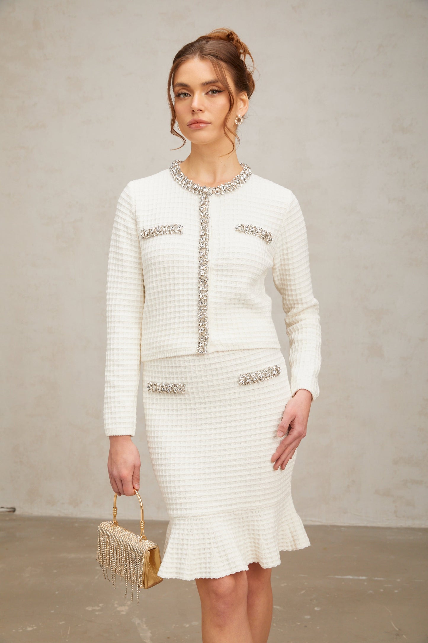 Frida white embellished waffle-knit cardigan & skirt matching set