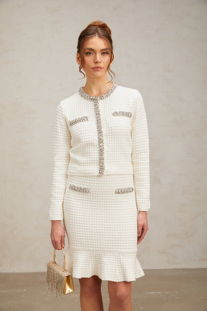 Frida white embellished waffle-knit cardigan & skirt matching set