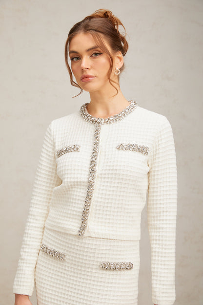 Frida white embellished waffle-knit cardigan & skirt matching set