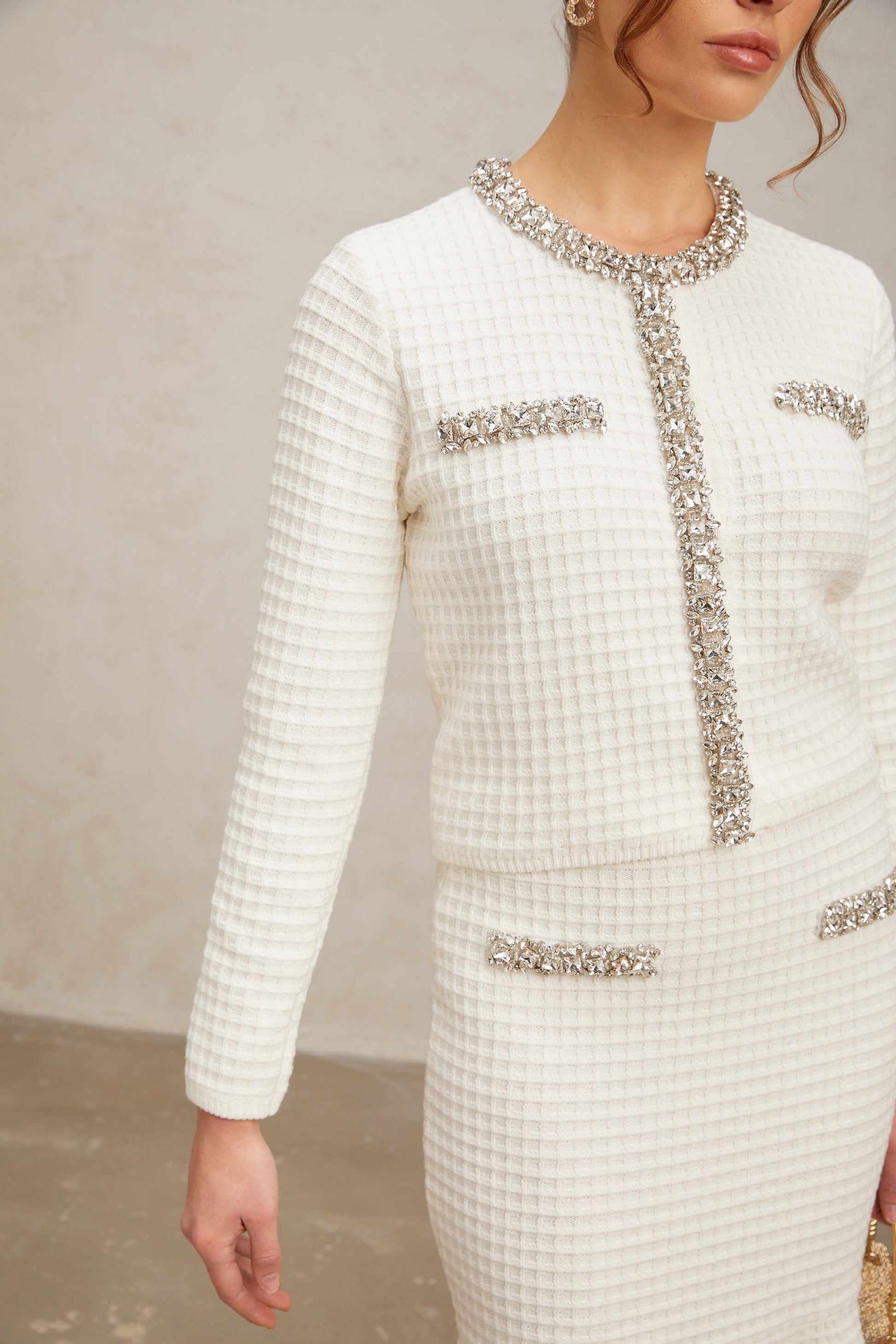 Frida white embellished waffle-knit cardigan & skirt matching set