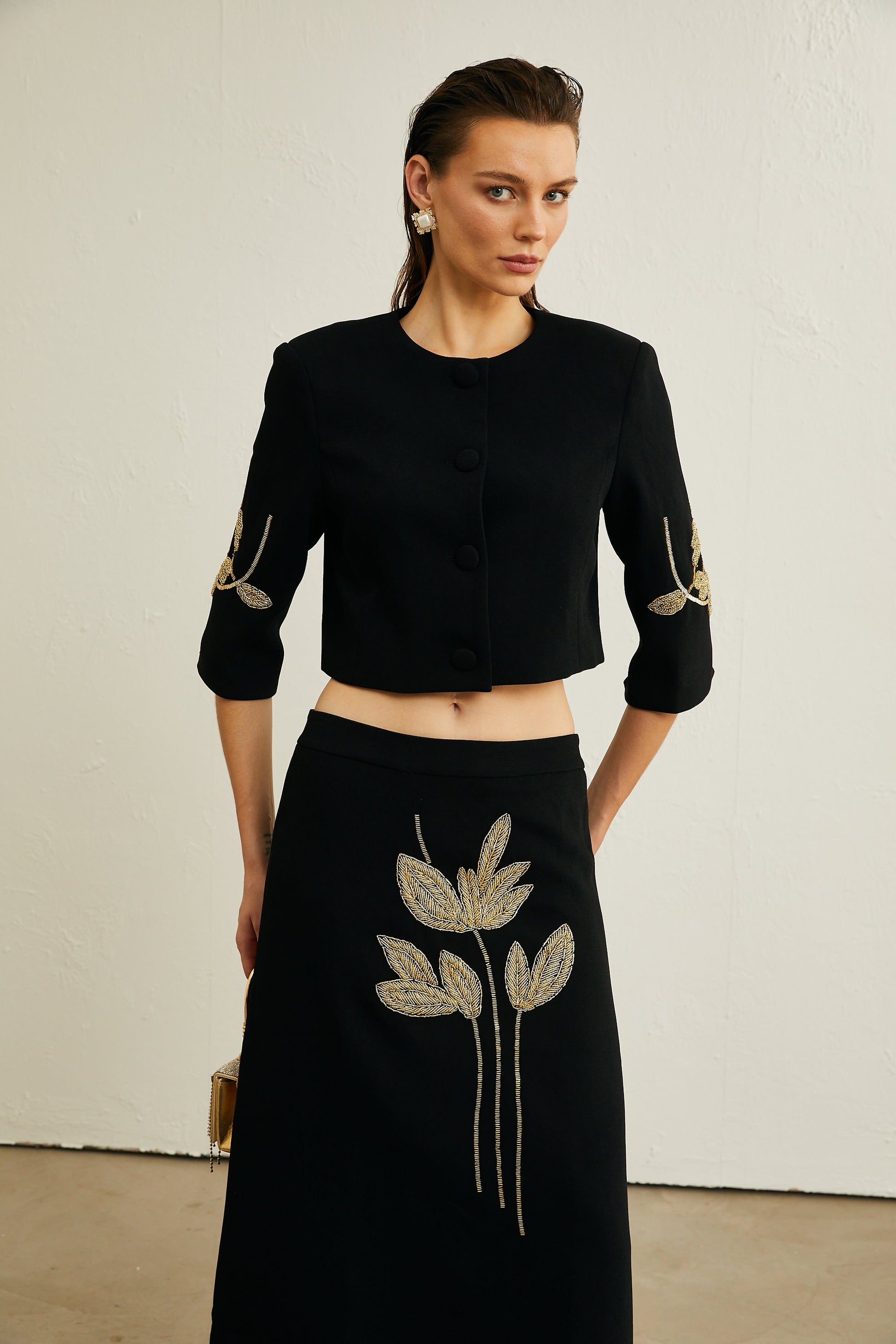 Pauline black floral-appliqué jacket & skirt matching set