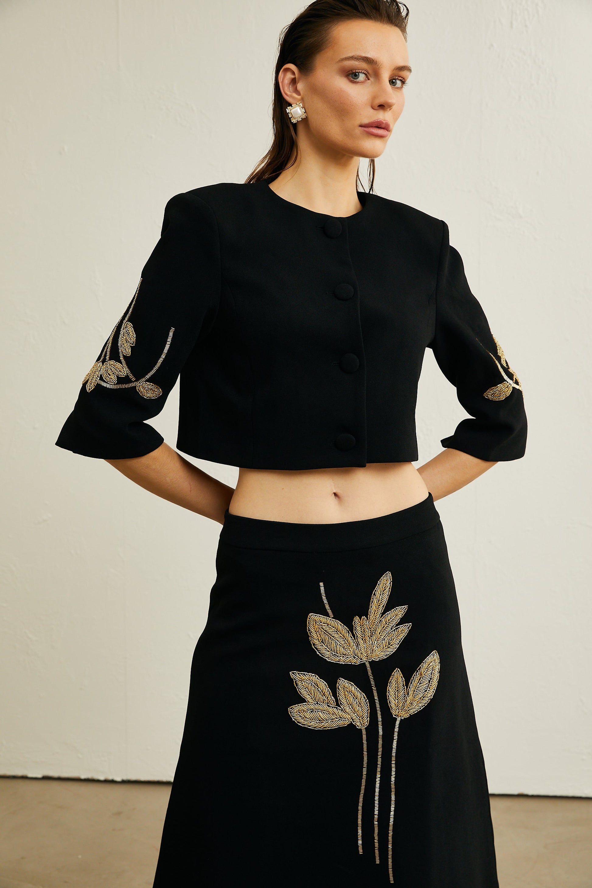 Pauline black floral-appliqué jacket & skirt matching set