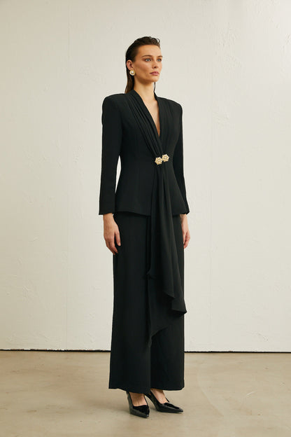 Suzanne black pleated jacket & trousers matching set