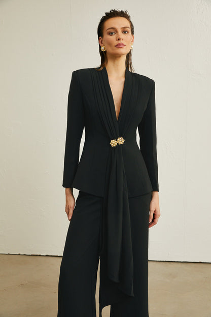 Suzanne black pleated jacket & trousers matching set