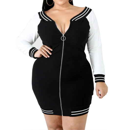 Boldessa® Casual V Zipper Long Sleeve Bodycon Women Plus Size Dress