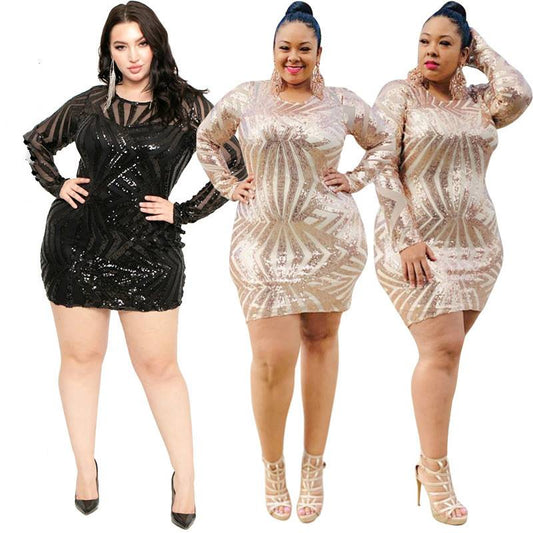 Boldessa® Sexy O- Neck  Sequin Sheer Long Sleeve Women Plus Size Dress