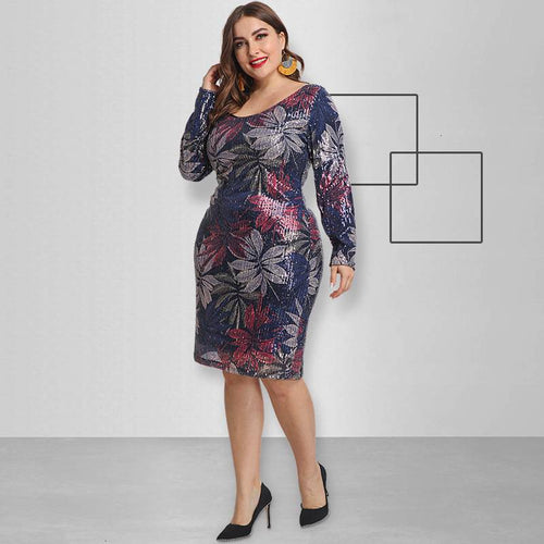 Boldessa® Sexy Leaves Print V- Neck Long Sleeve Women Plus  Size Dress