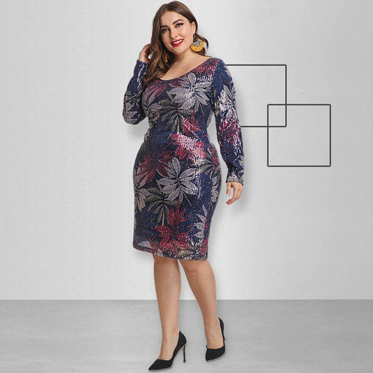 Boldessa® Sexy Leaves Print V- Neck Long Sleeve Women Plus  Size Dress