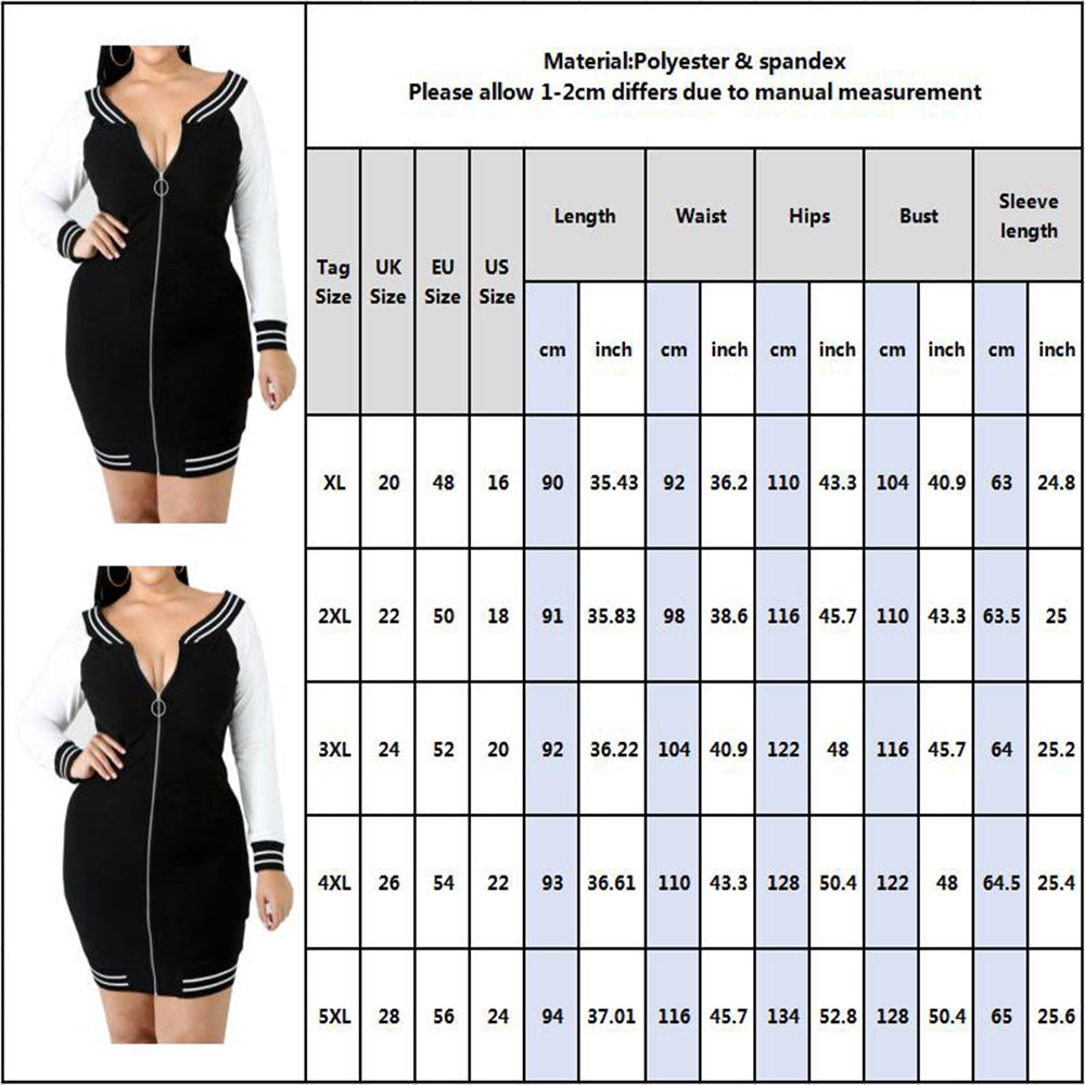 Boldessa® Casual V Zipper Long Sleeve Bodycon Women Plus Size Dress