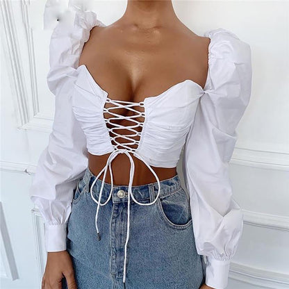 Boldessa® Broadcloth White Lace Up Hollow Out Puff Sleeve Women Crop Top