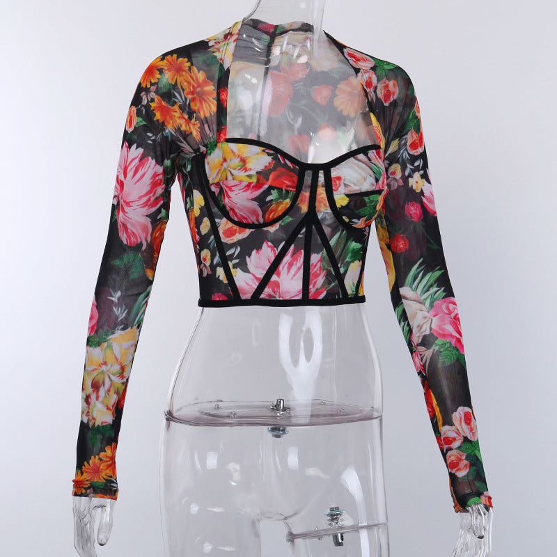 Boldessa® Highstreet Floral Square Collar Long Sleeve Backless Women Crop Top