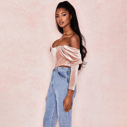 Boldessa® Elegant Pink Ruched Crop Tops Female Puff Sleeve