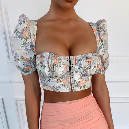 Boldessa® Elegant Office Floral Square Collar Sequined Puff Sleeve Crop Top