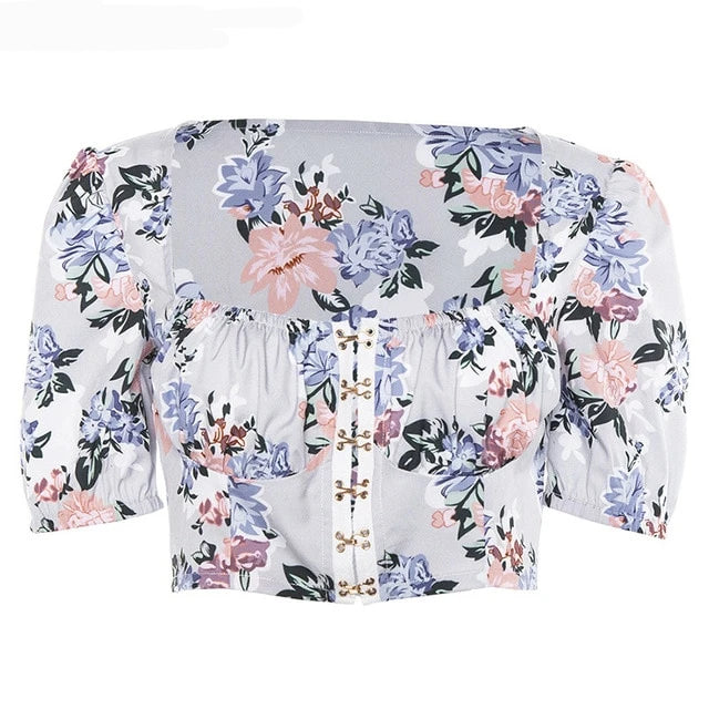 Boldessa® Elegant Office Floral Square Collar Sequined Puff Sleeve Crop Top