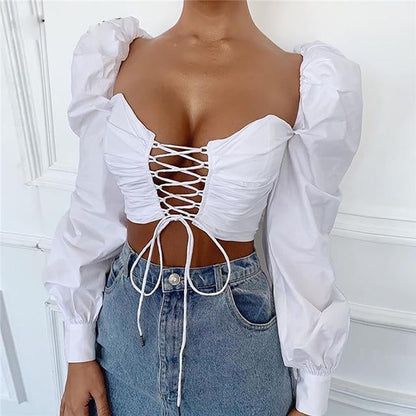 Boldessa® Broadcloth White Lace Up Hollow Out Puff Sleeve Women Crop Top