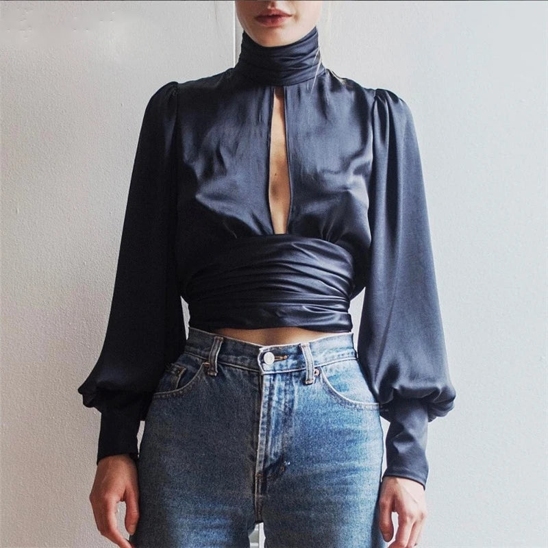 Boldessa® Deep V Front SatinTurtleneck Puff Sleeve Backless Women Crop Top