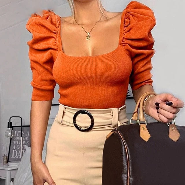 Boldessa® Casual Square neck Slim Fit Puff Sleeve Women Blouse