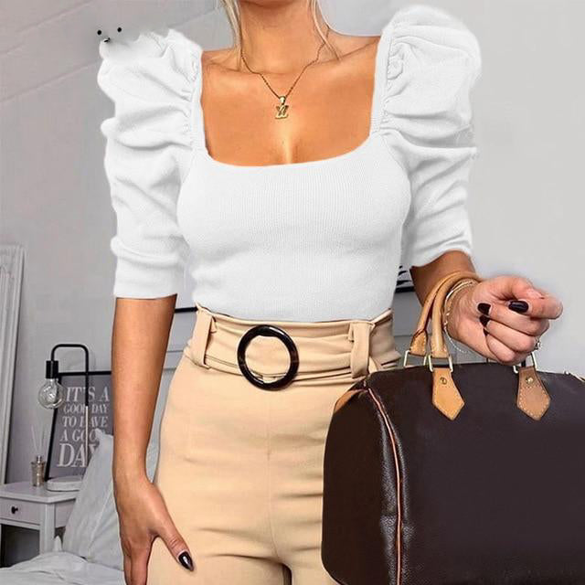 Boldessa® Casual Square neck Slim Fit Puff Sleeve Women Blouse